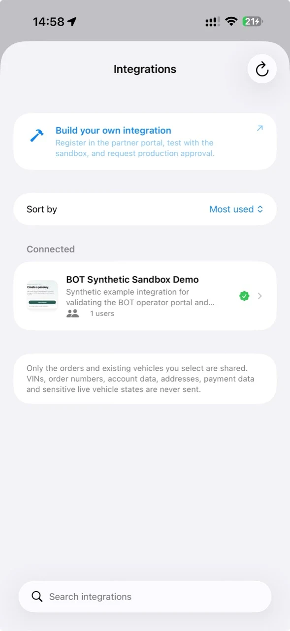 BOT Integrations catalogue showing the build-your-own-integration link, sorting, search and a connected sandbox integration.
