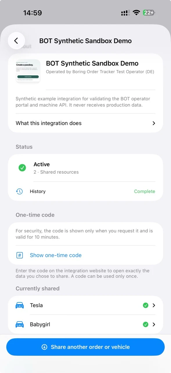 Connected BOT integration showing its status, complete history, one-time linking code action and two shared vehicles.